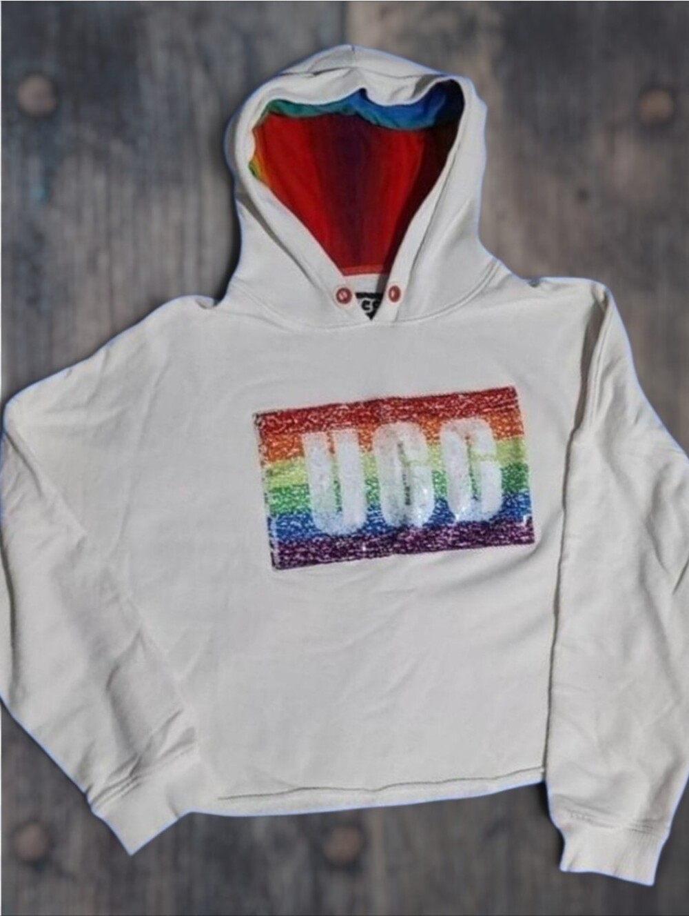 UGG Pride Keira Cropped Hoodie White Rainbow Sequin Unisex XL